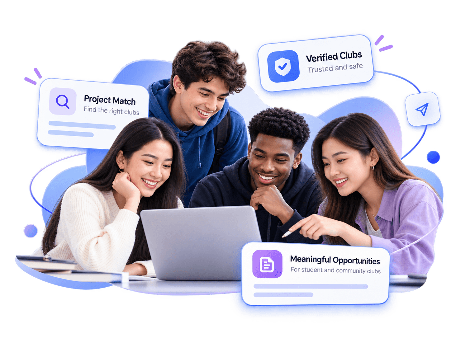 Four students working together around a laptop, with the labels Project Match: find the right clubs, Verified Clubs: trusted and safe, and Meaningful Opportunities: for student and community clubs.